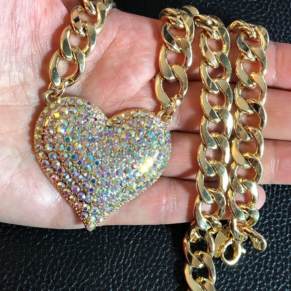 Gold AB Rhinestone Heart Necklace Cuban Link Chain Bracelet Set + 2 Earrings - Picture 3 of 13